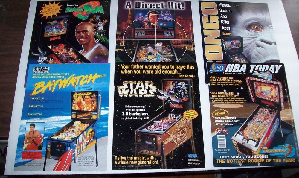 Pinball FLYERS Star Wars Space Jam NBA Congo Dirty Harry Baywatch Vintage Orig.